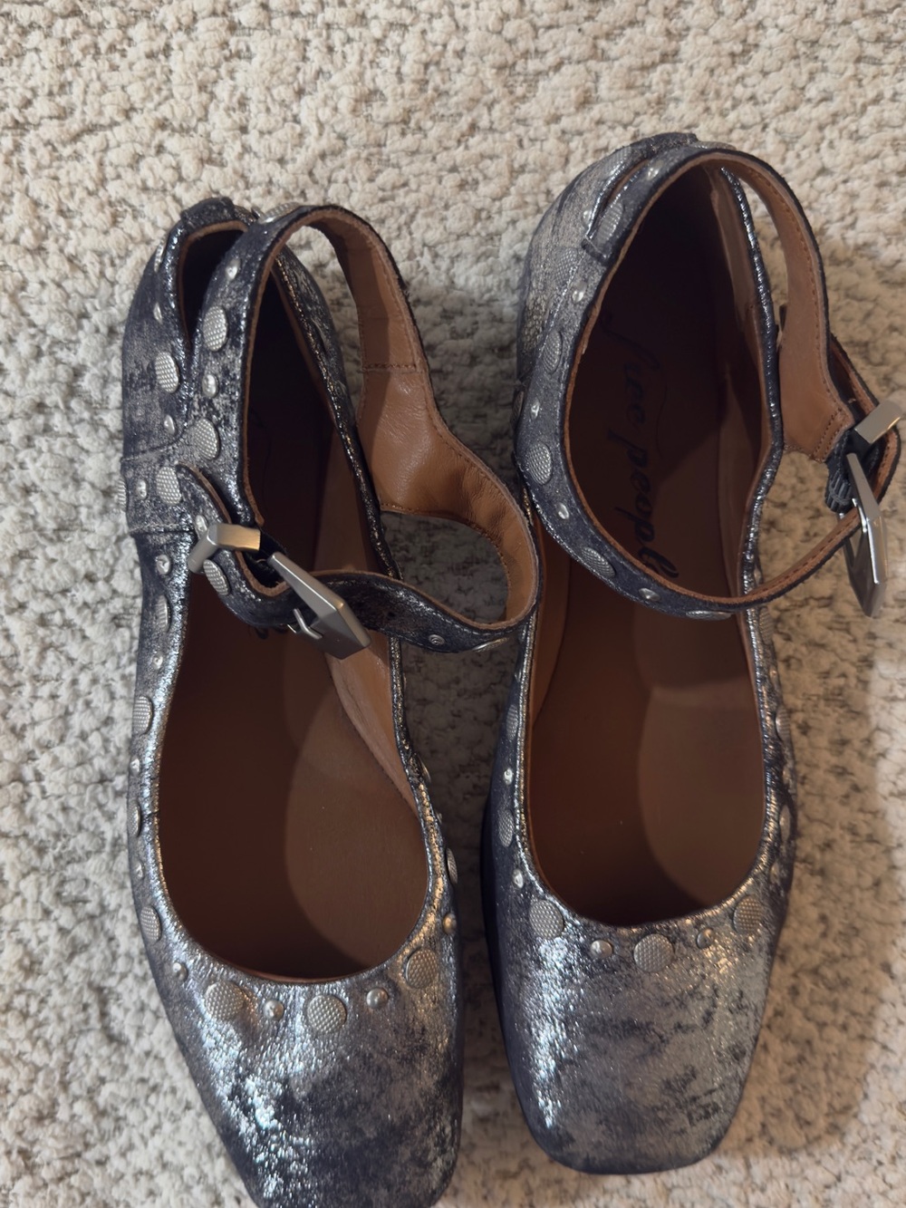 Free People Metallic Silver Mary Jane Flats with Ankle Strap - Picture 2 of 6